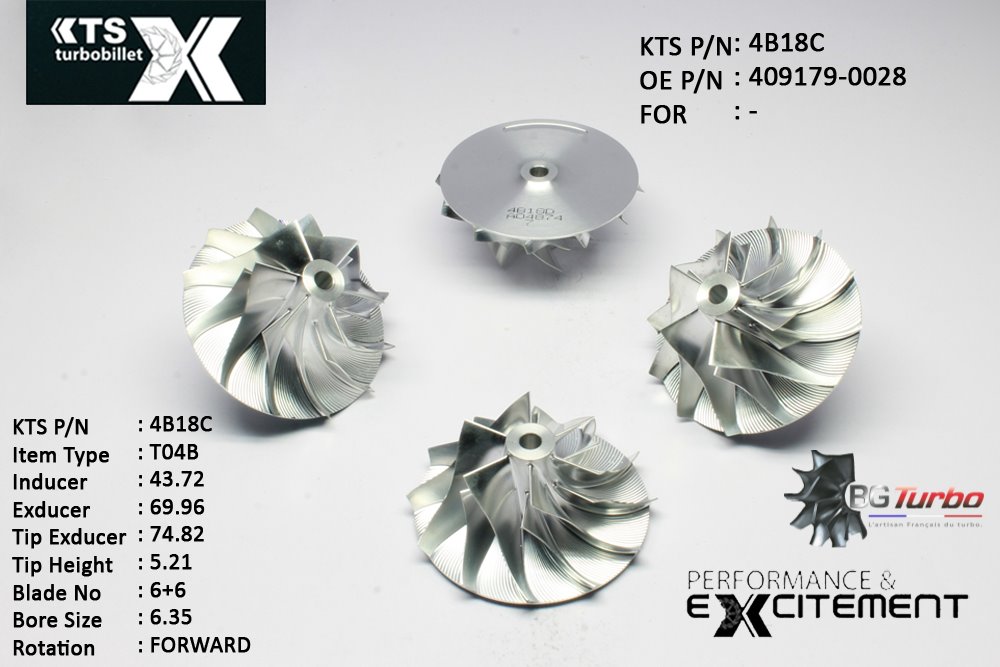 Turbo ROUE FORGÉE MFS PERFORMANCE - 6+6 PALES - INDUCER : 43,72 - EXDUCER : 69,96 - TYPE : T04BANGLE : 60° - ROTATION : Forward - SUPER BACK : 1,68 - BORE SIZE : 6,35
